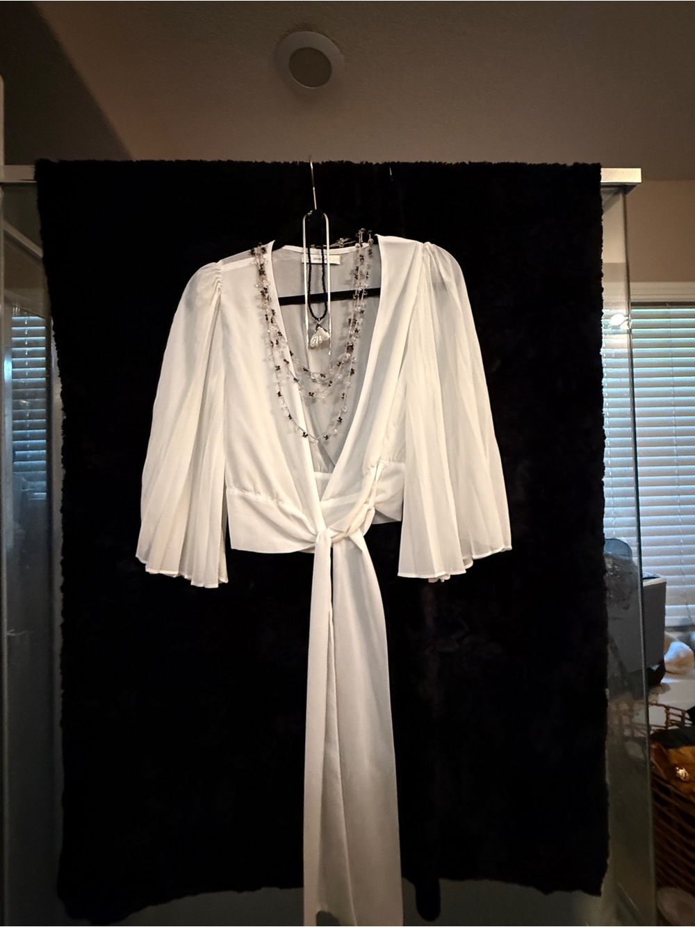 White wrap tie front blouse size S V neck flowy bell sleeve top